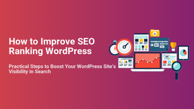 Illustrations demonstrating practical steps to improve SEO ranking for a WordPress site, showing analytics, speed, content, and search optimization.