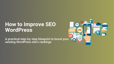 How to Improve SEO WordPress banner illustrating a practical blueprint with digital marketing icons, mobile analytics, search, and content for boosting rankings.