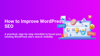 Laptop showing analytics graphs, a target, megaphone, and various icons representing a comprehensive strategy to improve WordPress SEO.