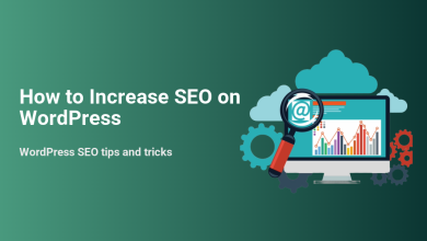 Visual guide for increasing WordPress SEO, featuring a computer with data analytics, a magnifying glass, and gears for website optimization.