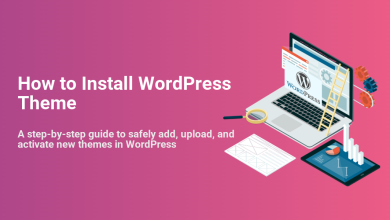 Illustration for 'How to Install WordPress Theme' featuring a laptop with the WordPress logo, gears, a ladder, a magnifying glass, and a tablet displaying data charts, representing the theme installation process.