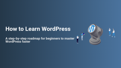 How to Learn WordPress: A step-by-step roadmap for beginners, with a WordPress logo spotlight and people engaging.