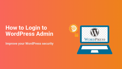 How to login to WordPress admin illustrated with a laptop displaying the WordPress logo and security icons.