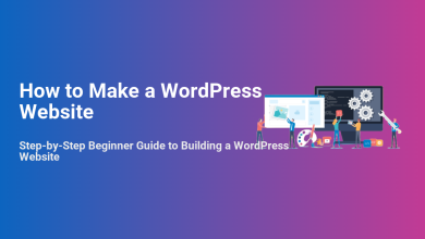 Illustrated team building a WordPress website with web development tools, showing a browser, code, gears, and design elements.