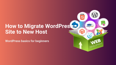 How to Migrate WordPress Site to New Host, showing WordPress, HTML5, PHP, MySQL, Drupal, Magento, and Joomla web development icons.