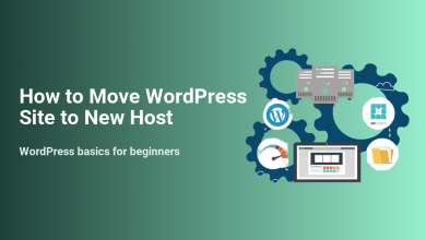 Illustration showing how to move a WordPress site to a new host, featuring servers, gears, WordPress logo, laptop, and site files.