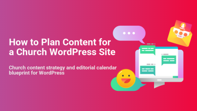 Digital content planning for a Church WordPress Site, featuring a monitor with chat messages, an email icon, and a happy emoji, illustrating strategy and an editorial calendar.