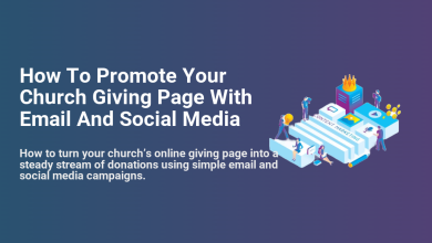Illustration showing how to promote a church giving page using email and social media marketing campaigns with various content types.