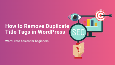 SEO illustration showing a magnifying glass, eye, computer with charts, and target, representing the process to remove duplicate title tags in WordPress.