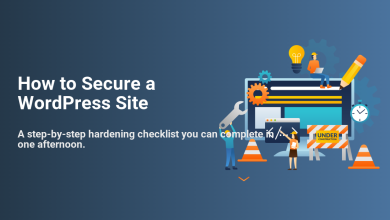 Illustration showing a team securing a WordPress site with tools, a checklist, and an 'under construction' sign, emphasizing a fast, step-by-step process.