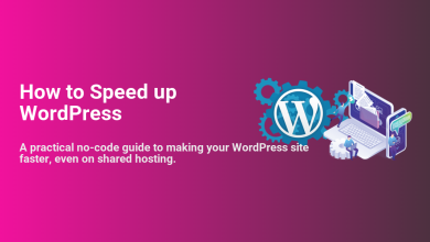Guide on how to speed up WordPress, showing the WordPress logo, gears, and illustrations of website optimization on a laptop and smartphone.