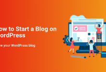 Illustration of people building and customizing a website on a computer, symbolizing the process to start a WordPress blog and grow it.