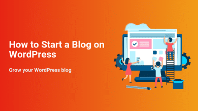 Illustration of people building and customizing a website on a computer, symbolizing the process to start a WordPress blog and grow it.