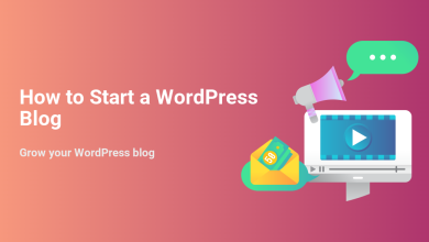 How to start a WordPress blog illustration: megaphone, chat, video, money. Covers promotion, content creation, and monetization.