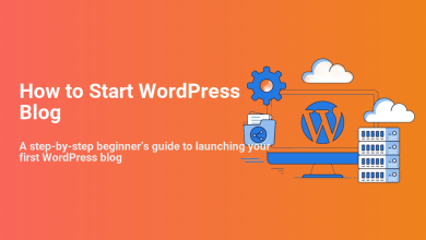 Illustration for 'How to Start WordPress Blog', showing a computer with WordPress logo, cloud hosting servers, and setup icons.
