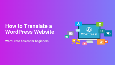 Illustration for 'How to Translate a WordPress Website' with a monitor showing the WordPress logo surrounded by icons representing global content and features.