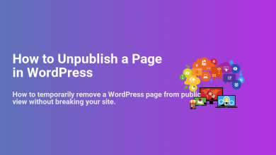 Guide on 'How to Unpublish a Page in WordPress' with web icons and digital devices illustrating online content management.