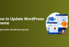 Illustration of a developer updating a WordPress theme on a laptop, with code and website layout screens, reflecting steps to design better WordPress layouts.