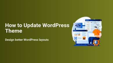 Illustration of a developer updating a WordPress theme on a laptop, with code and website layout screens, reflecting steps to design better WordPress layouts.