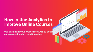 Isometric laptop showing analytics graphs illustrating data analysis to improve online courses and boost engagement on a WordPress LMS.