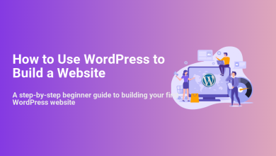 Illustration for 'How to Use WordPress to Build a Website', depicting people building and managing a WordPress site with the WP logo, e-commerce, and analytics.