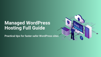 Managed WordPress hosting guide with illustrations of servers, cloud, and security shield, representing faster and safer sites.