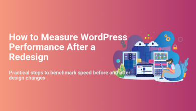 Illustration showing how to measure WordPress performance after a redesign, with servers, cloud data, and a user analyzing speed.
