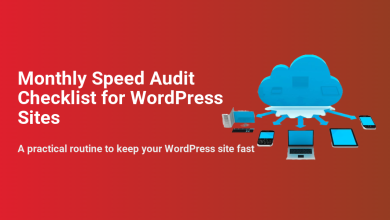 Monthly Speed Audit Checklist for WordPress Sites, visually representing cloud delivery to various devices for optimal website performance and speed.