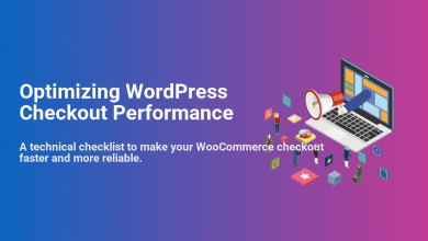 Isometric illustration of a laptop, megaphone, business figures, and data symbols, symbolizing the optimization of WordPress and WooCommerce checkout performance for speed and reliability.