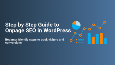 Step by Step Guide to Onpage SEO in WordPress with analytics graphs showing visitor tracking and conversions.