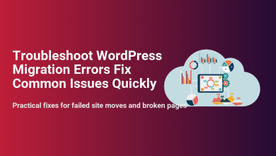 Graphic for troubleshooting WordPress migration errors: 'Fix Common Issues Quickly' text, plus cloud with data analytics.