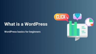 What is a WordPress guide: illustration of a computer, charts, click, diamond, and clock, symbolizing website growth and management.
