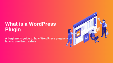 Text 'What is a WordPress Plugin' with an illustration of developers and users adding features and customizing a website.