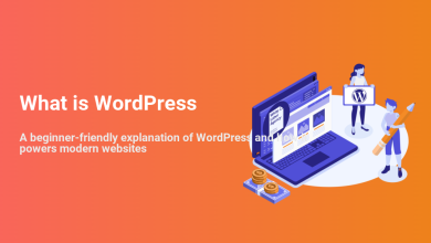 Illustration explaining what WordPress is, featuring a laptop displaying a website, people with the WordPress logo and a pencil, and money.
