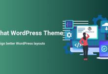 Woman at computer showing WordPress theme elements: logo, code, settings, cloud, and mobile design.