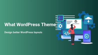 Woman at computer showing WordPress theme elements: logo, code, settings, cloud, and mobile design.