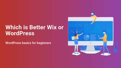 Illustration asking 'Which is Better Wix or WordPress' with people analyzing website data and charts on a large monitor, covering WordPress basics for beginners.