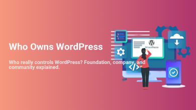 Woman examining a computer screen with the WordPress logo and development elements, representing who owns and controls WordPress.