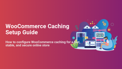 WooCommerce Caching Setup Guide illustration for configuring a fast, stable, and secure online store, featuring servers, cloud, and a person using a laptop.