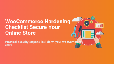 WooCommerce Hardening Checklist for online store security. Hands hold a tablet, with icons like shield, wrench, and gears.
