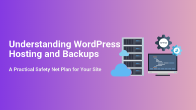 Illustration of WordPress hosting servers, cloud backup, and website tools, highlighting how backups ensure site safety and recovery.