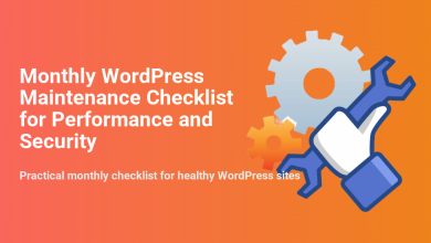 Monthly WordPress maintenance checklist for performance and security, illustrated by a wrench and gears for site optimization.