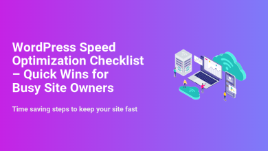 WordPress Speed Optimization Checklist for busy site owners, featuring servers, laptop, phone, and cloud for site performance.