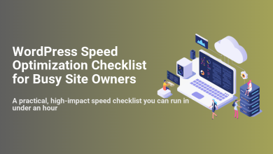 Illustration of a tech setup (laptop, server, cloud) with people optimizing WordPress site speed. Focus: WordPress Speed Optimization Checklist for Busy Site Owners.