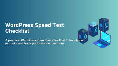 WordPress Speed Test Checklist title with illustrations of server racks and a laptop, symbolizing website performance and data management.