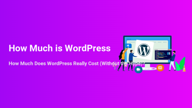How Much is WordPress? Text and illustration of web developers surrounding a computer with the WordPress logo and code.