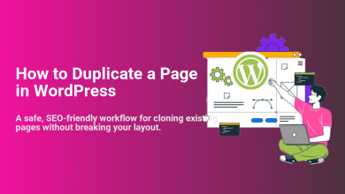 Illustration of a person using a laptop to duplicate a WordPress page, highlighting a safe, SEO-friendly workflow for cloning pages.
