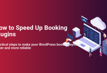Speeding up WordPress booking plugins: An illustration with a laptop, cloud, and servers demonstrating performance optimization.