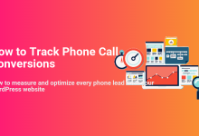 Text 'How to Track Phone Call Conversions' alongside digital analytics tools, charts, and a laptop for WordPress website optimization.