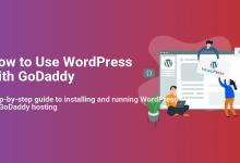 Illustration showing people collaborating to set up a WordPress website within a browser interface, alongside text 'How to Use WordPress with GoDaddy' outlining a step-by-step guide for hosting.